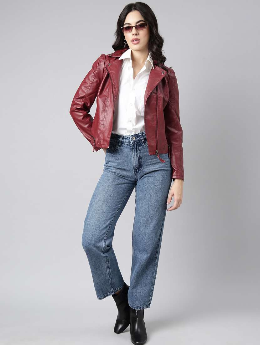 maroon leather bomberbiker jacket - 20917093 -  Standard Image - 4