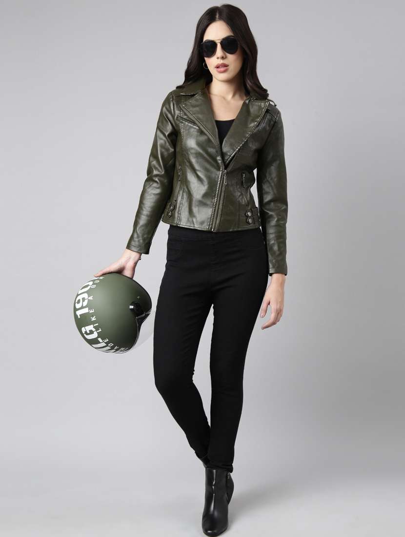 women solid olive green leather jacket - 20917096 -  Standard Image - 4