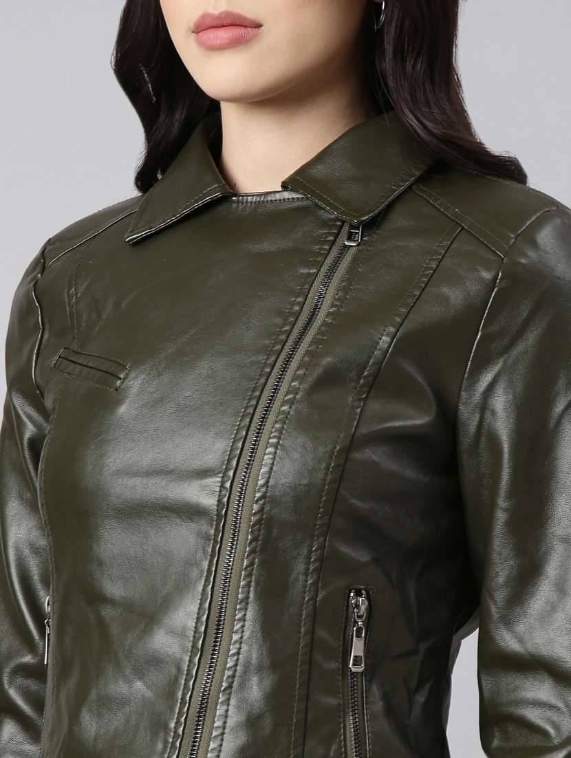 women solid olive green leather jacket - 20917096 -  Standard Image - 6