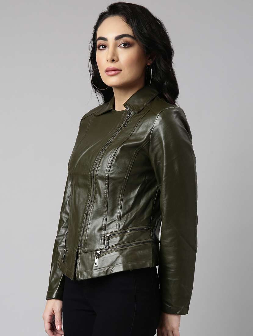 olive leather bomberbiker jacket - 20917103 -  Standard Image - 1