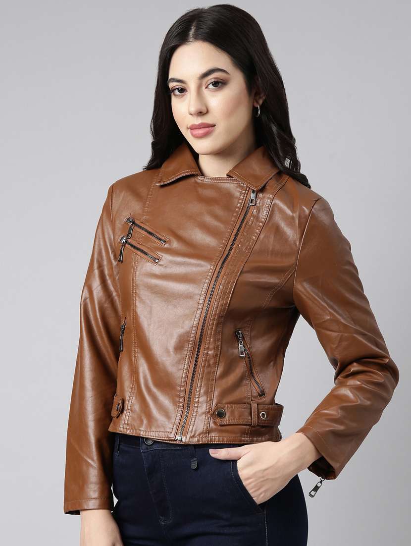 women solid long sleeves leather jacket - 20917108 -  Standard Image - 1