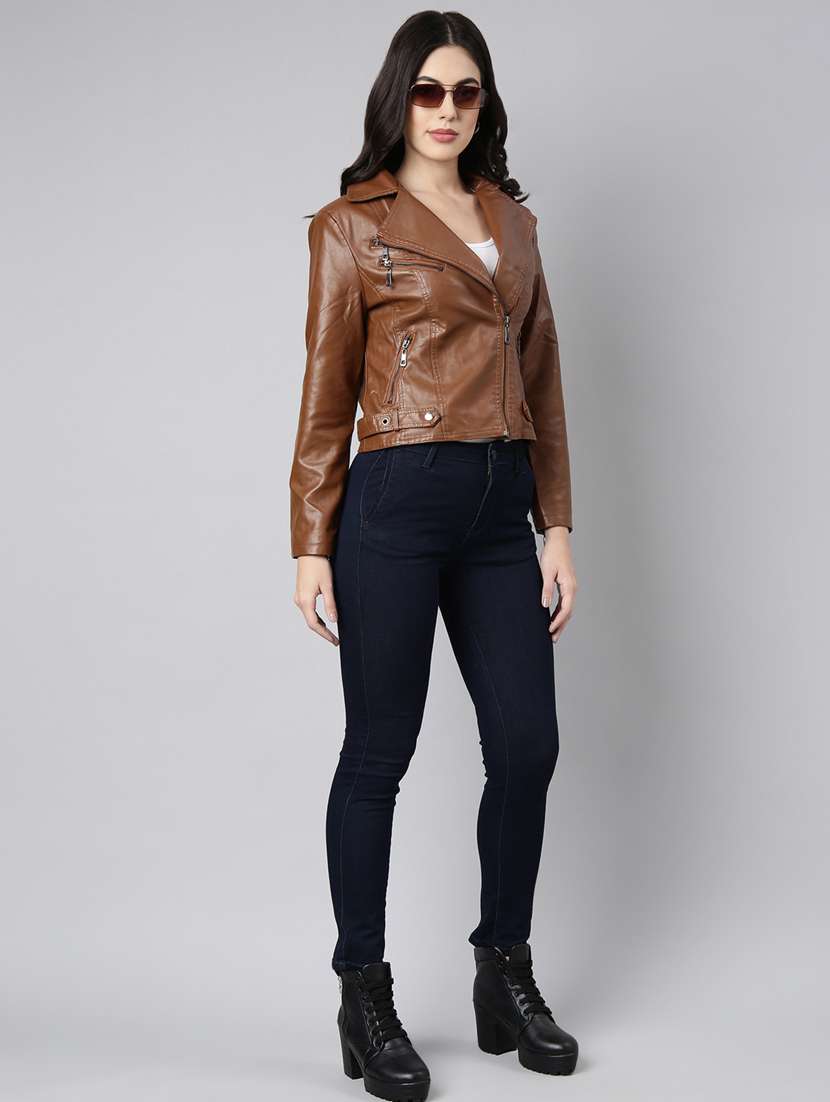 women solid long sleeves leather jacket - 20917108 - Standard Image - 4