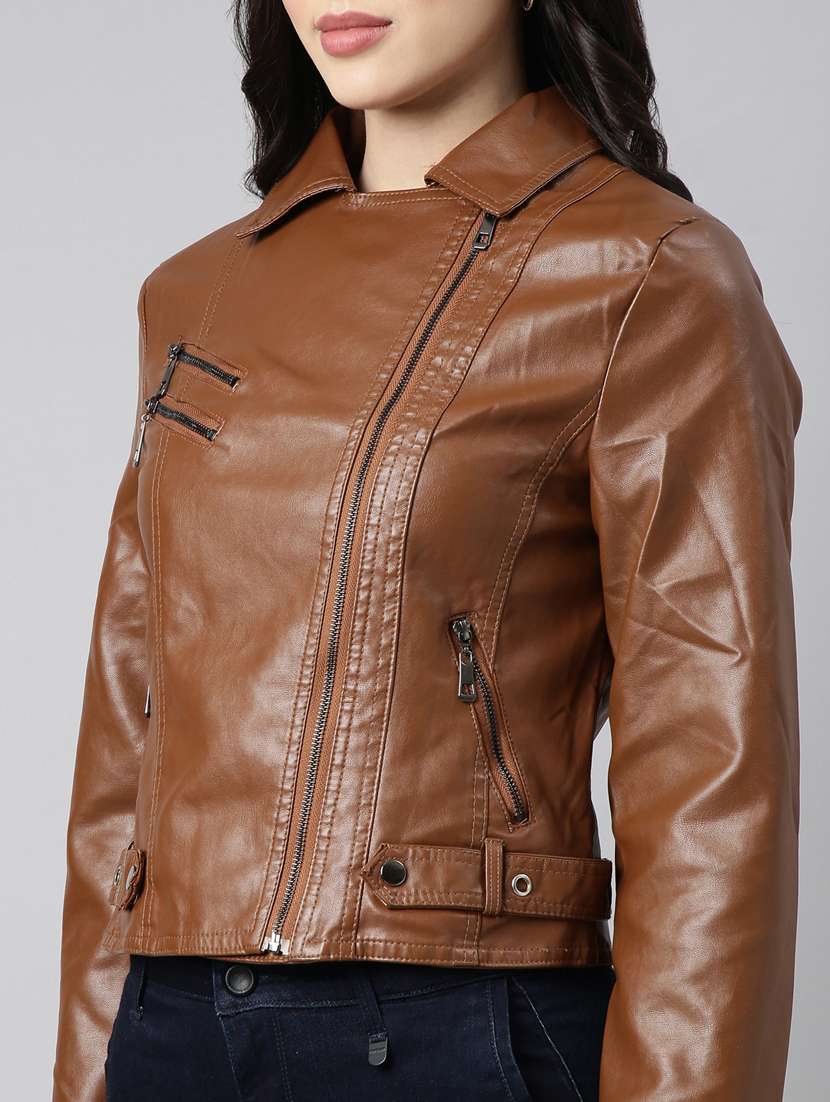 women solid long sleeves leather jacket - 20917108 - Standard Image - 6