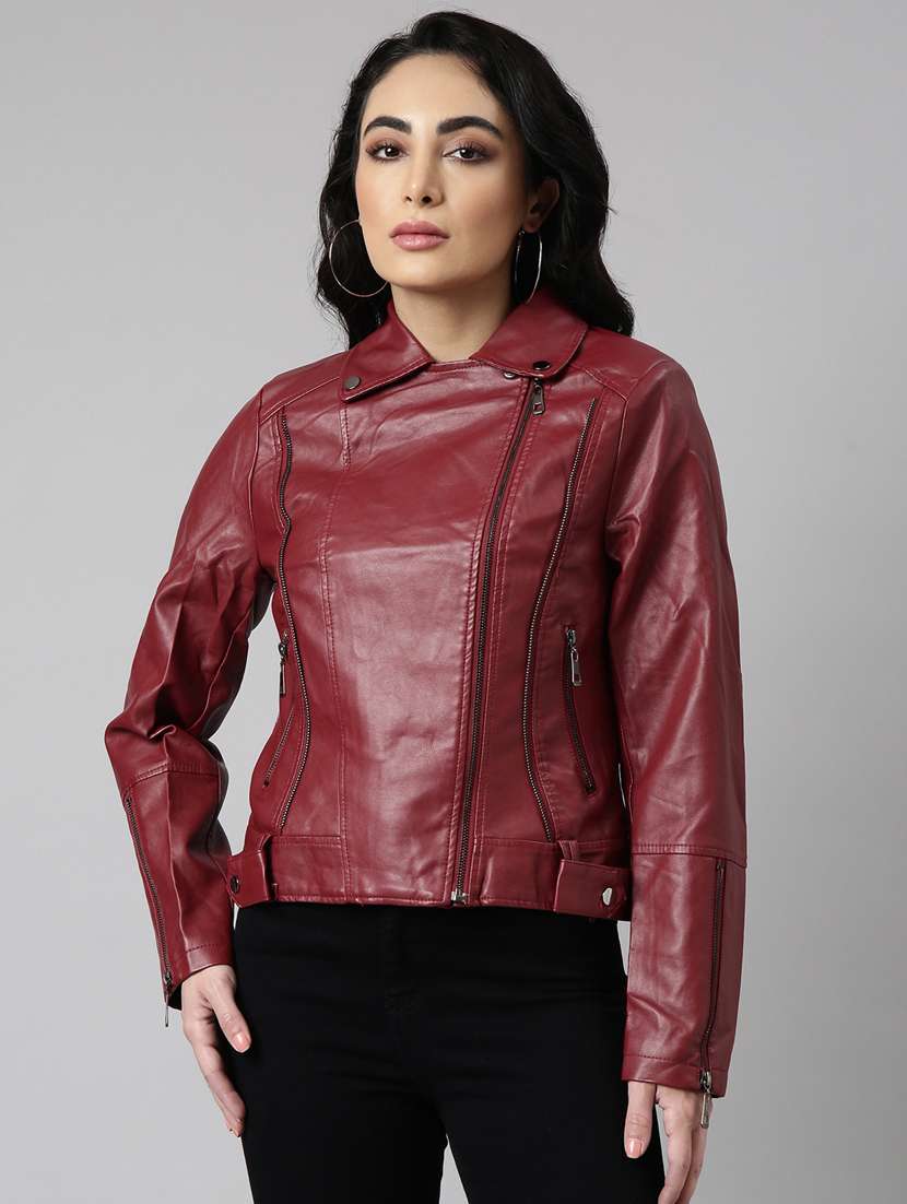 women maroon solid leather jacket