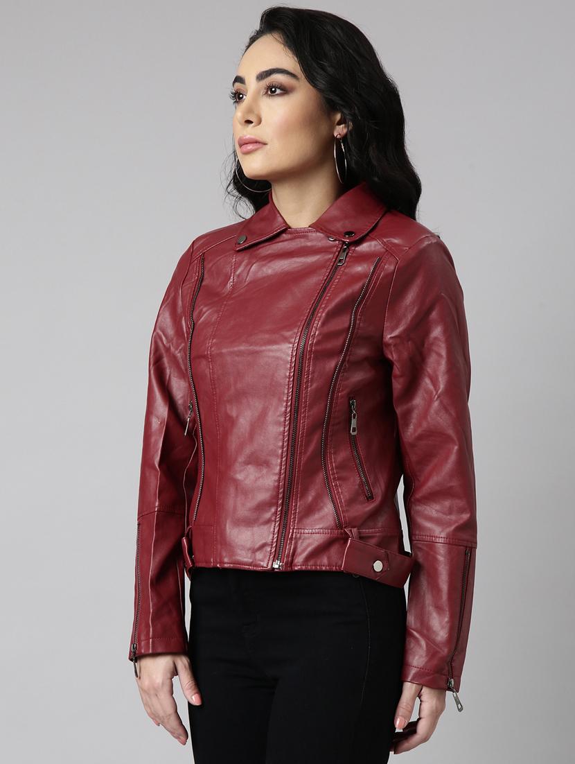 women maroon solid leather jacket - 20917109 -  Standard Image - 1