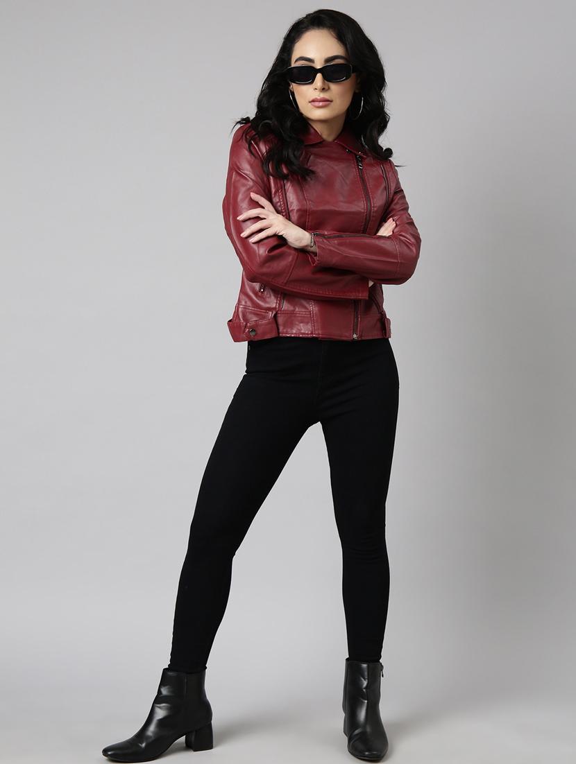 women maroon solid leather jacket - 20917109 - Standard Image - 4