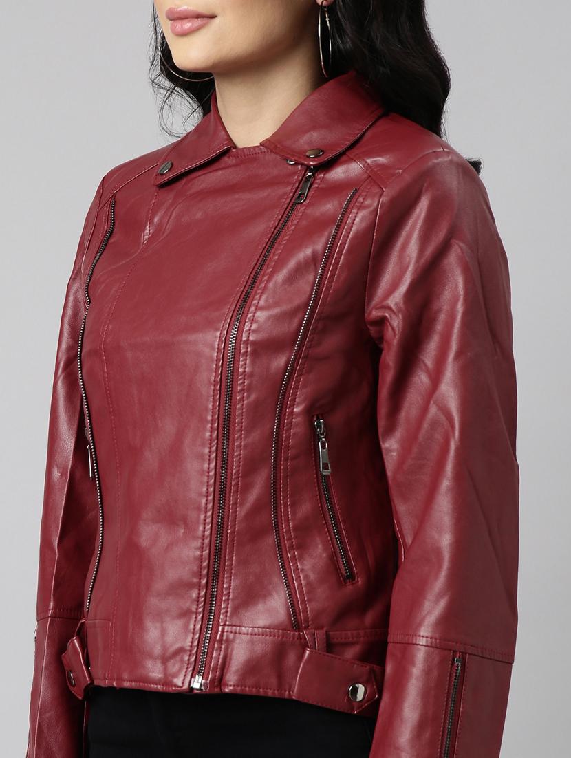 women maroon solid leather jacket - 20917109 - Standard Image - 6