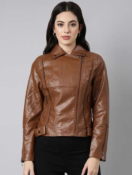 brown leather bomberbiker jacket - 20917110 - Standard Image - 0