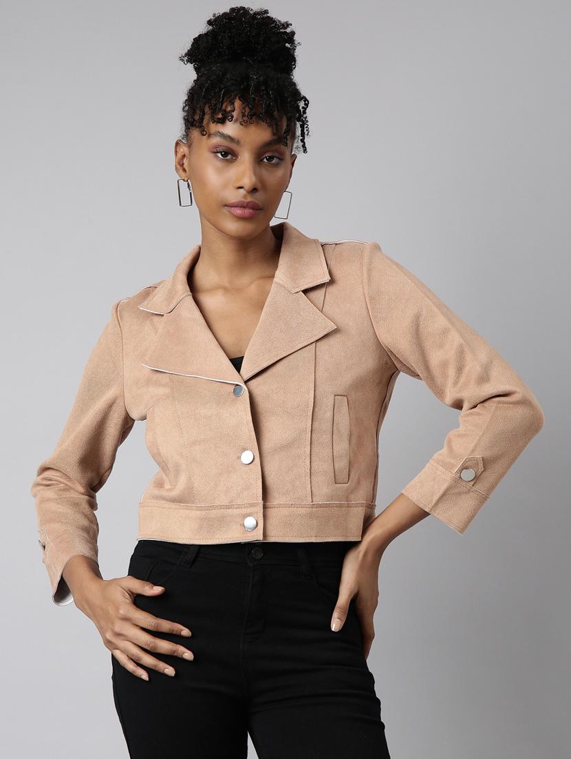 beige suede plain crop jacket - 20917119 -  Zoom Image - 0