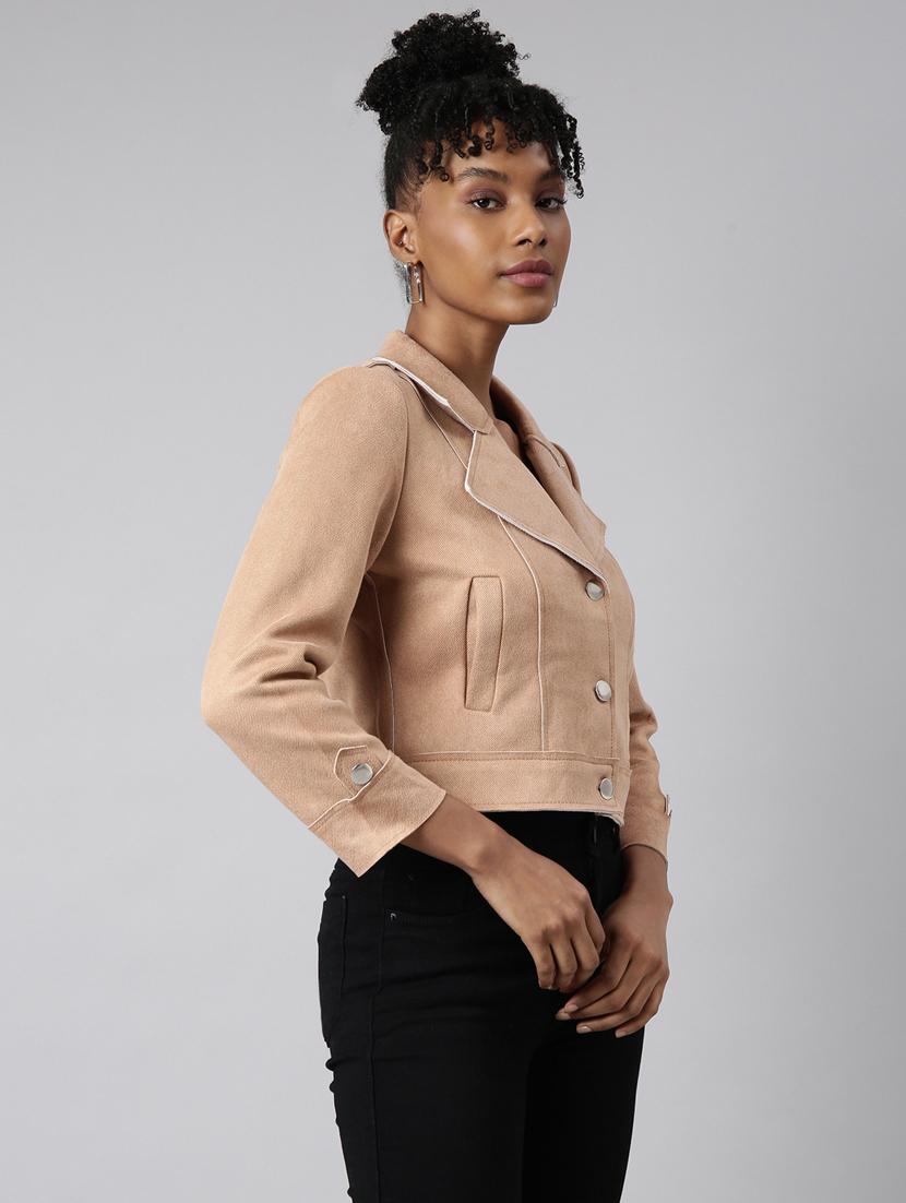 beige suede plain crop jacket - 20917119 -  Standard Image - 1