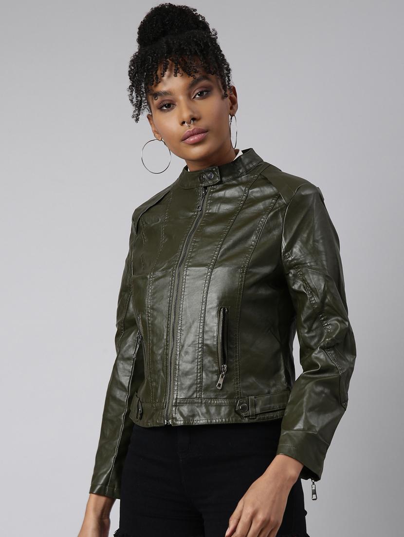 olive leather bomberbiker jacket - 20917162 -  Standard Image - 1