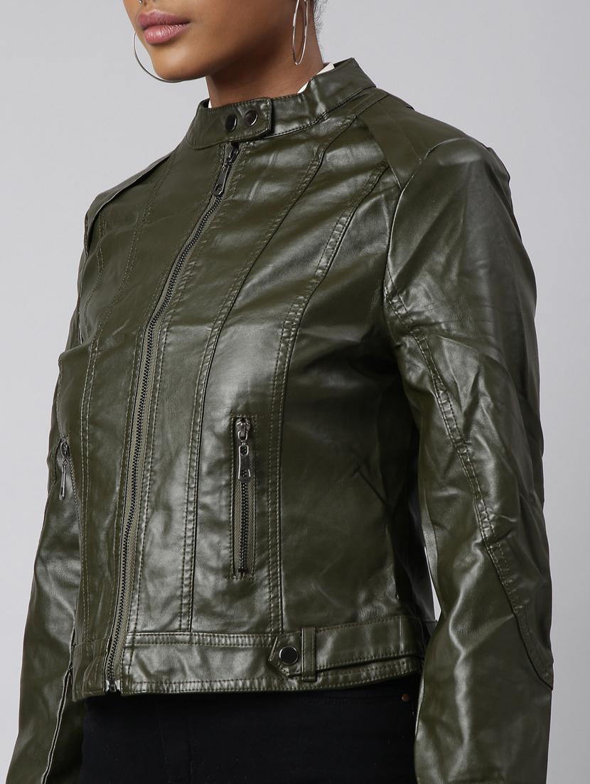 olive leather bomberbiker jacket - 20917162 - Standard Image - 6