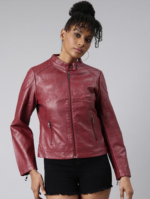 maroon leather bomberbiker jacket - 20917163 - Standard Image - 0