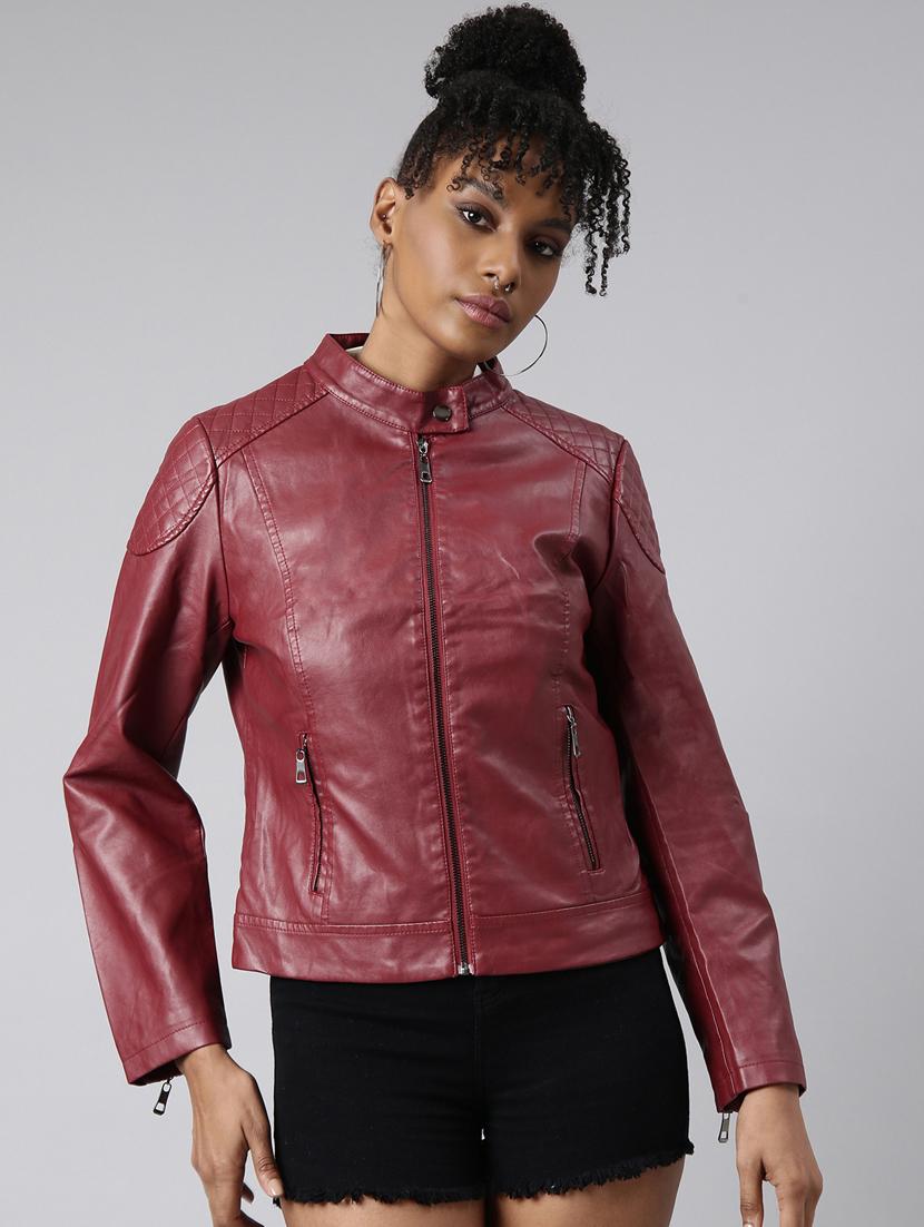 maroon leather bomberbiker jacket - 20917163 - Zoom Image - 0