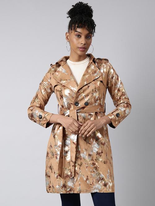 brown leather gold foil print long jacket - 20917167 - Standard Image - 0