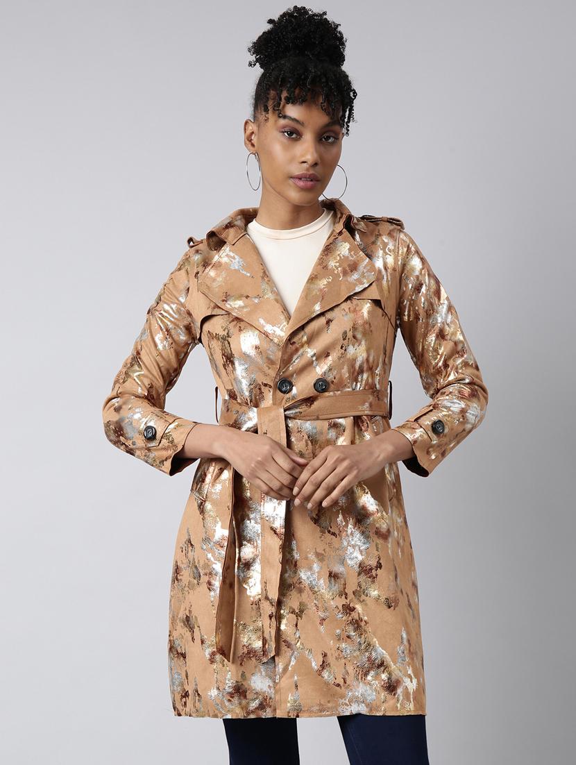 brown leather gold foil print long jacket - 20917167 - Zoom Image - 0