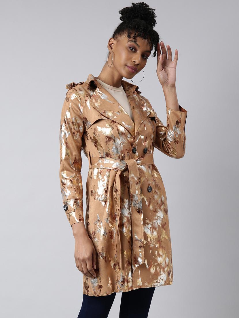 brown leather gold foil print long jacket - 20917167 - Standard Image - 1