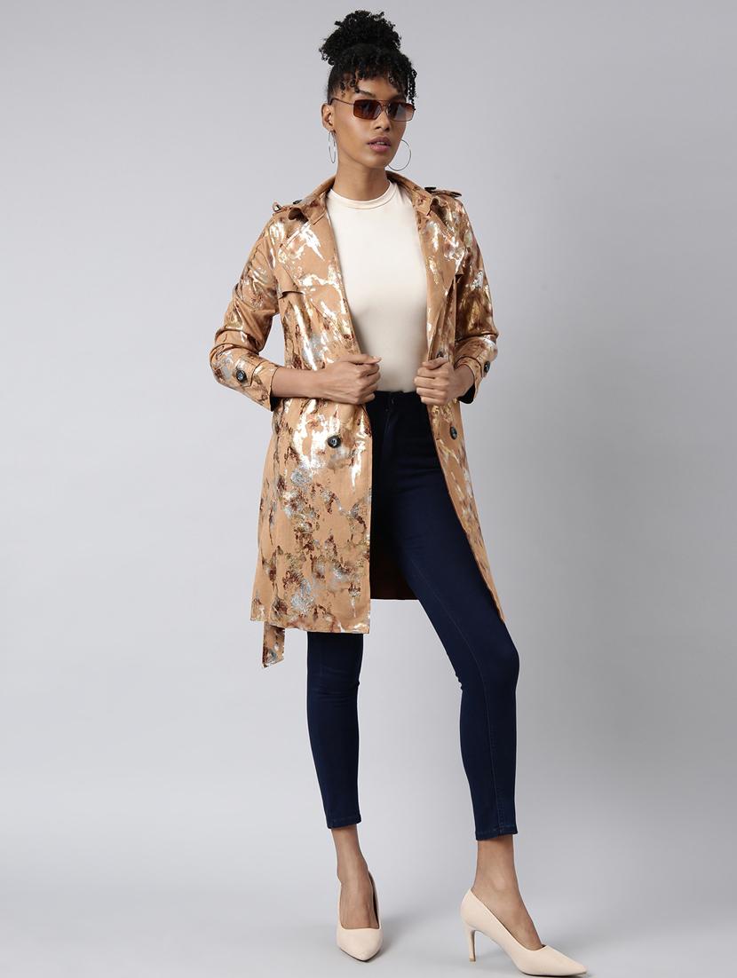 brown leather gold foil print long jacket - 20917167 - Standard Image - 4