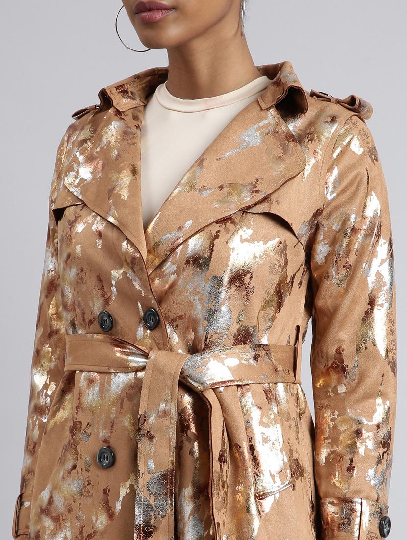 brown leather gold foil print long jacket - 20917167 - Standard Image - 6