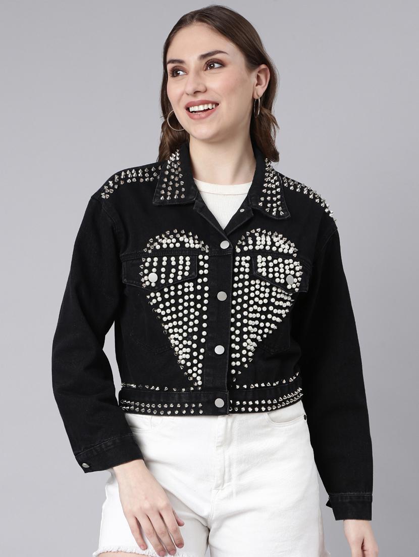 women embellished collared denim jacket - 20917217 - Zoom Image - 0