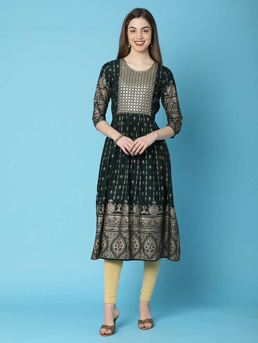 women printed three quarter sleeves flared kurta - 20918376 -  Standard Image - 1