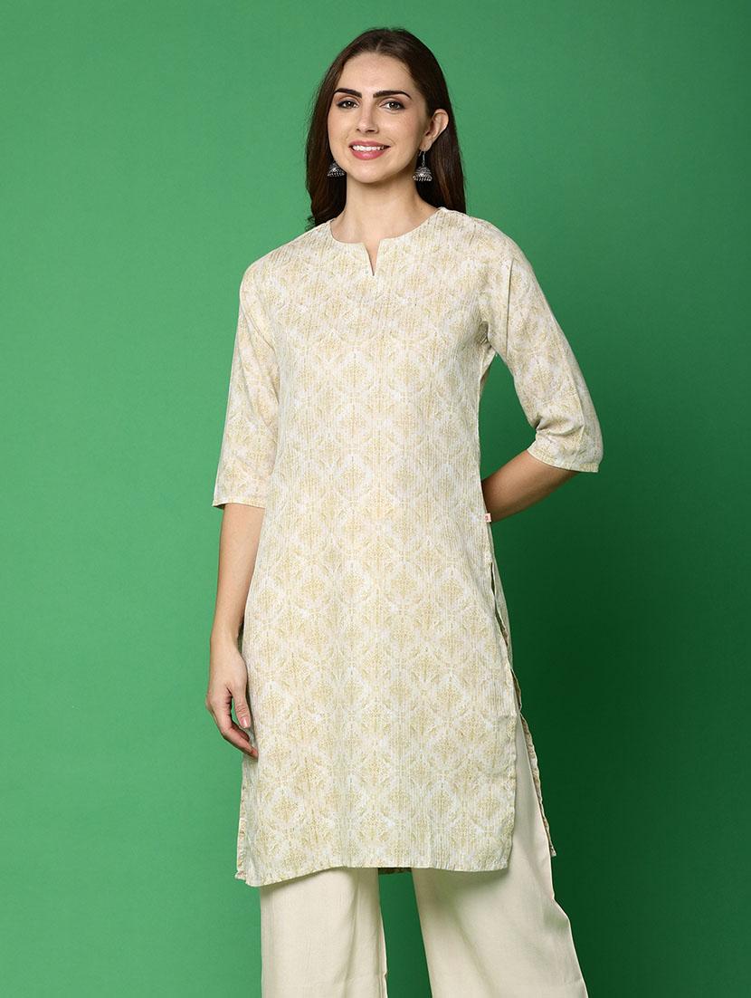 women beige notch neck straight kurta - 20918618 - Zoom Image - 0