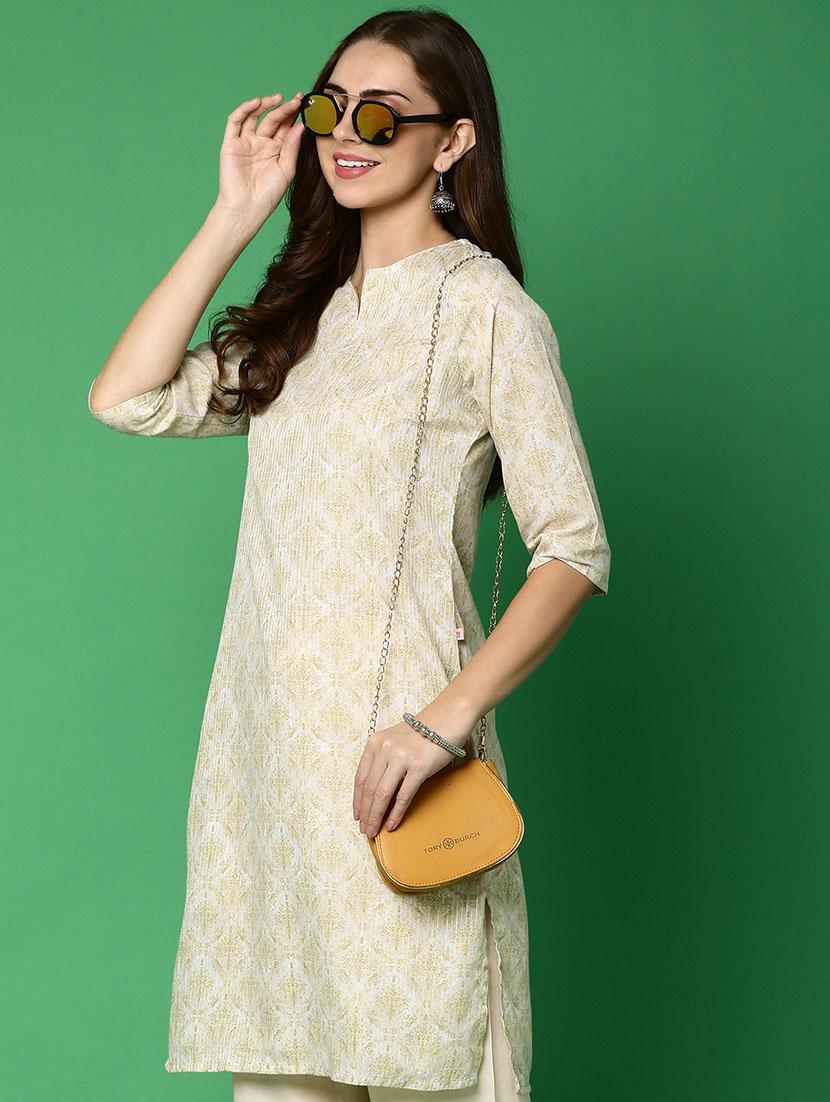 women beige notch neck straight kurta - 20918618 - Standard Image - 1