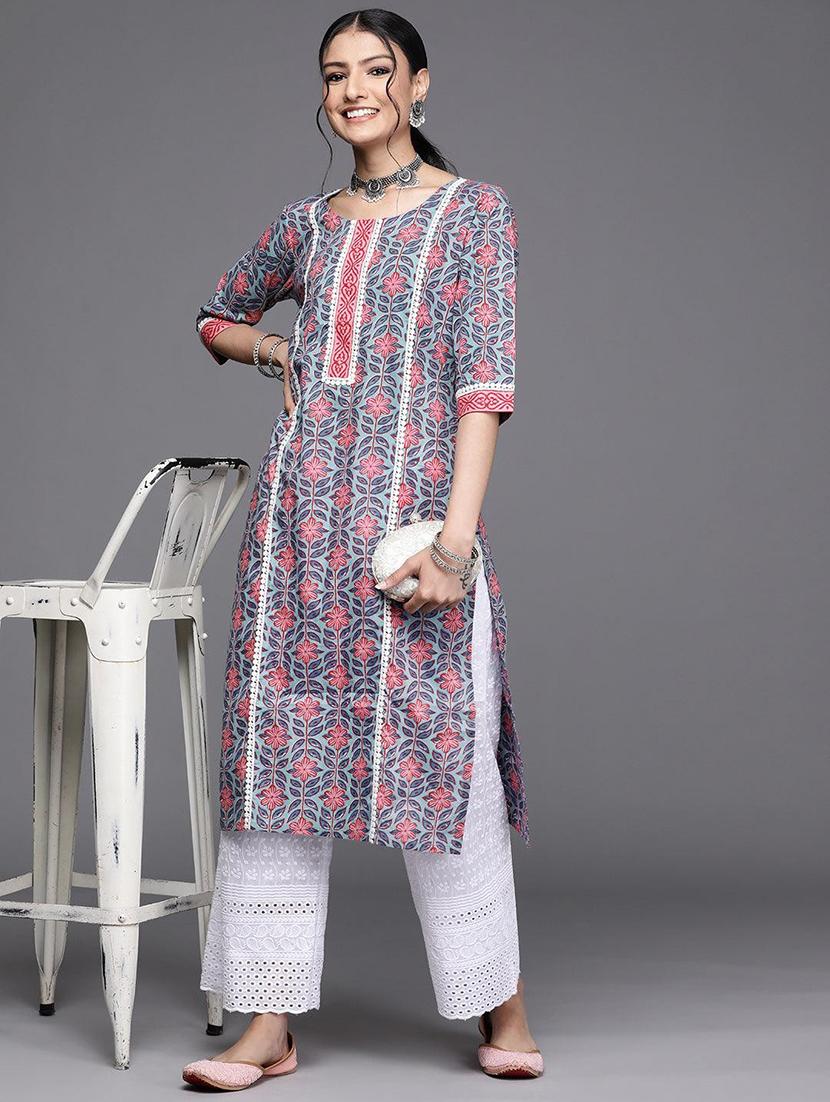 women grey floral printed straight kurta - 20918875 - Standard Image - 1