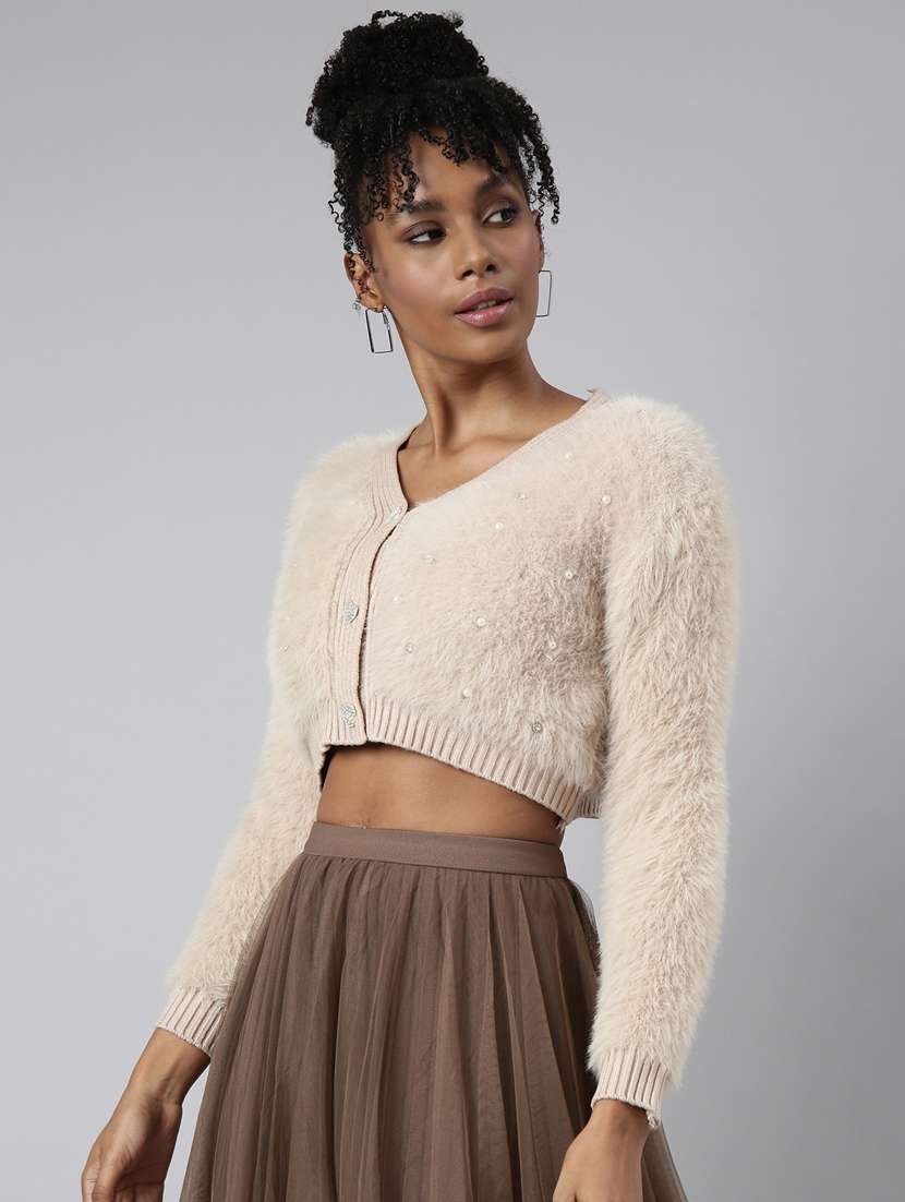 beige acrylic crop cardigan - 20925444 -  Standard Image - 1