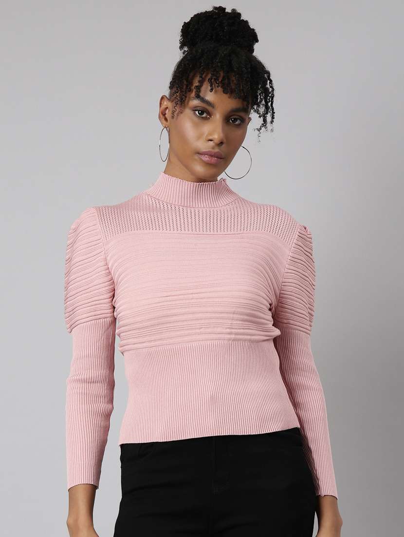women solid mock neck puff sleeves top