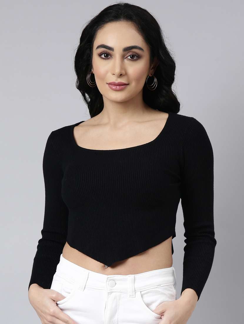 women solid long sleeves crop top