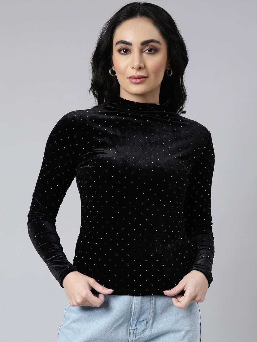 women solid color turtle neck top