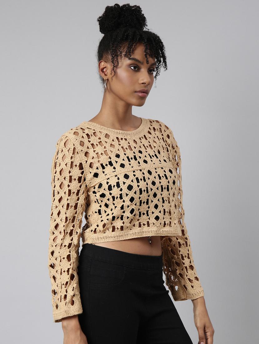 brown self design detailed crop top - 20928906 - Standard Image - 1