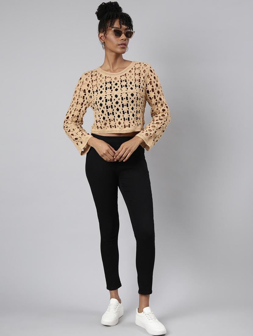brown self design detailed crop top - 20928906 - Standard Image - 4
