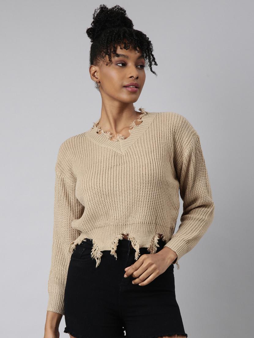 women solid long sleeve crop pullover - 20928931 - Zoom Image - 0