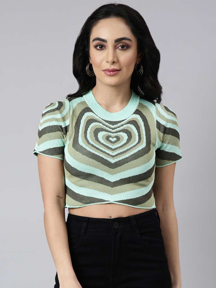 green printed detailed crop top - 20928941 -  Zoom Image - 0