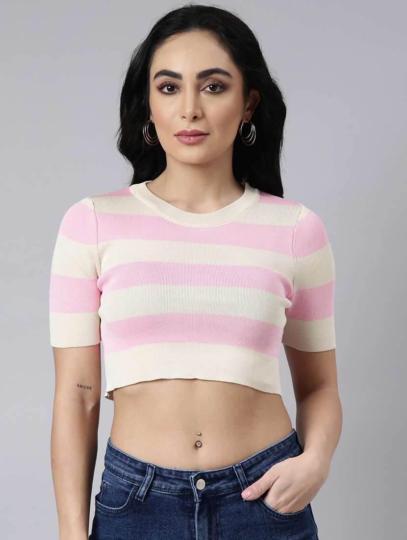 women striped round neck crop top