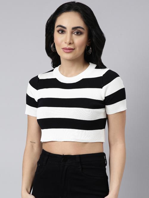 women striped round neck crop top - 20928944 -  Standard Image - 0