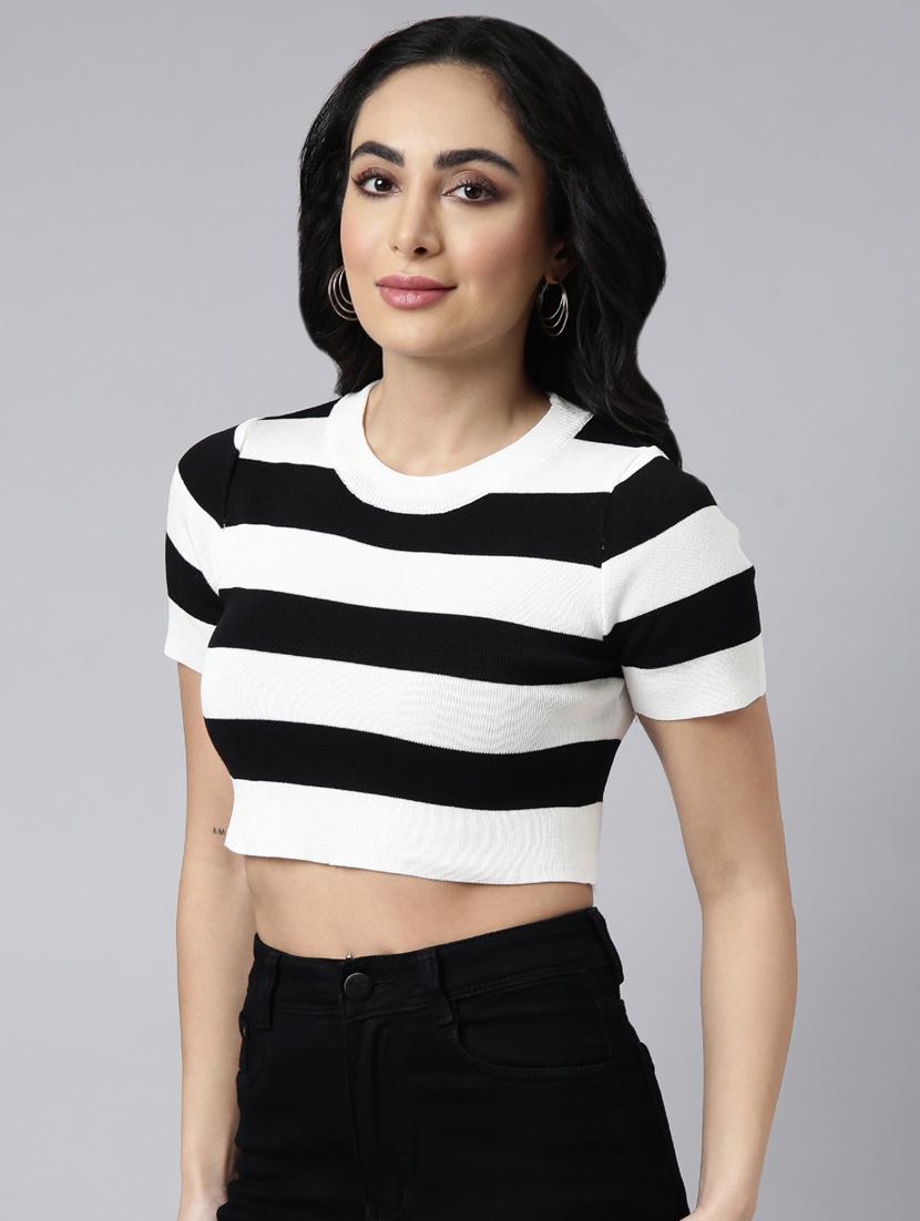 women striped round neck crop top - 20928944 - Standard Image - 1