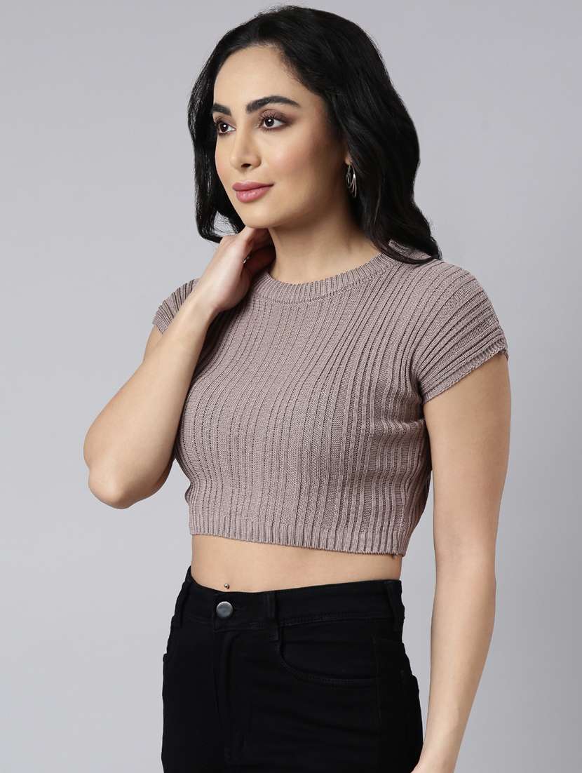 women solid round neck crop top - 20928952 -  Standard Image - 1