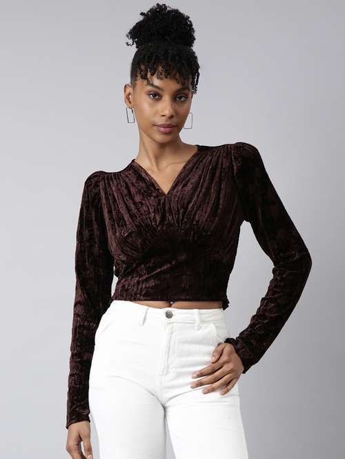 Women Self Designed Puff Sleeves Crop Top