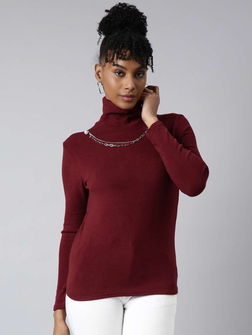 women solid high neck pullover