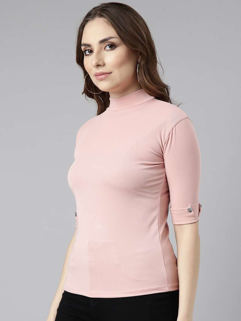 women solid mock neck elbow sleeves top - 20929012 -  Standard Image - 1