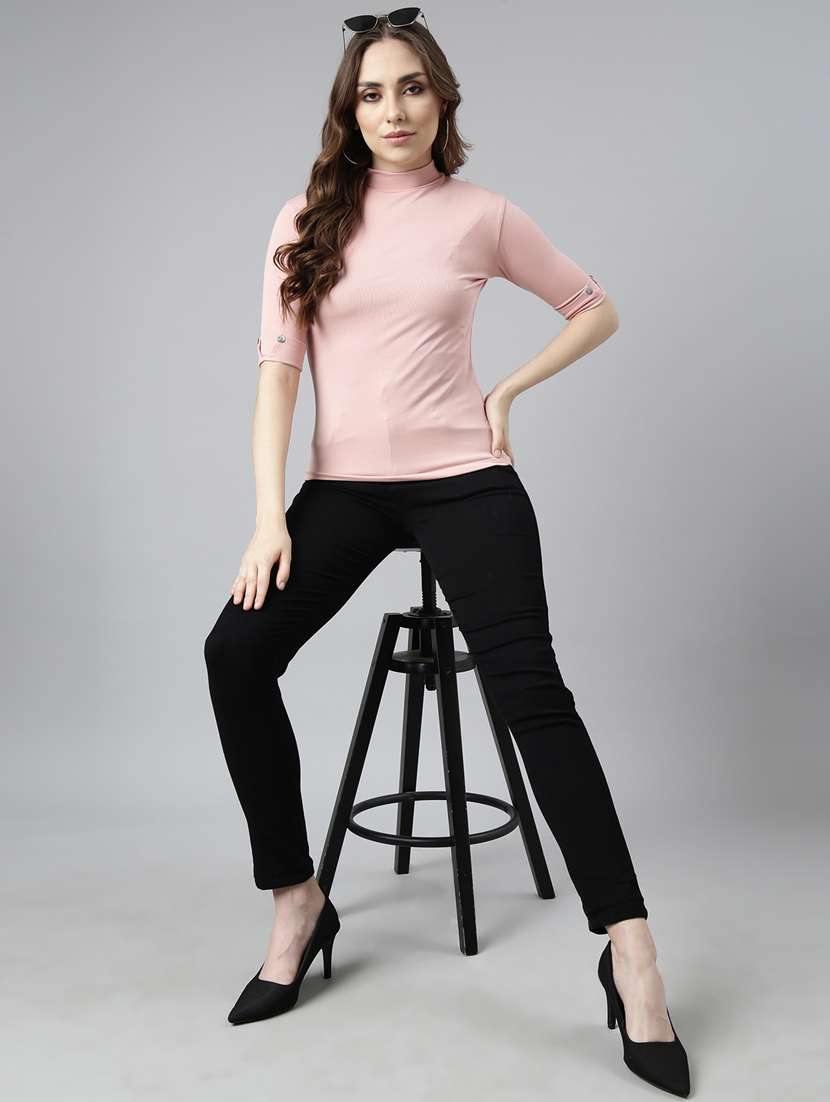women solid mock neck elbow sleeves top - 20929012 -  Standard Image - 4