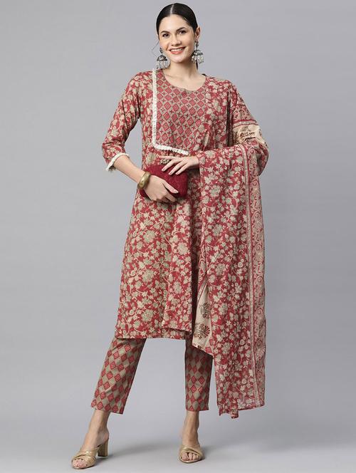 women three quarter sleeve kurta pant with dupatta set - 20929112 - Standard Image - 0