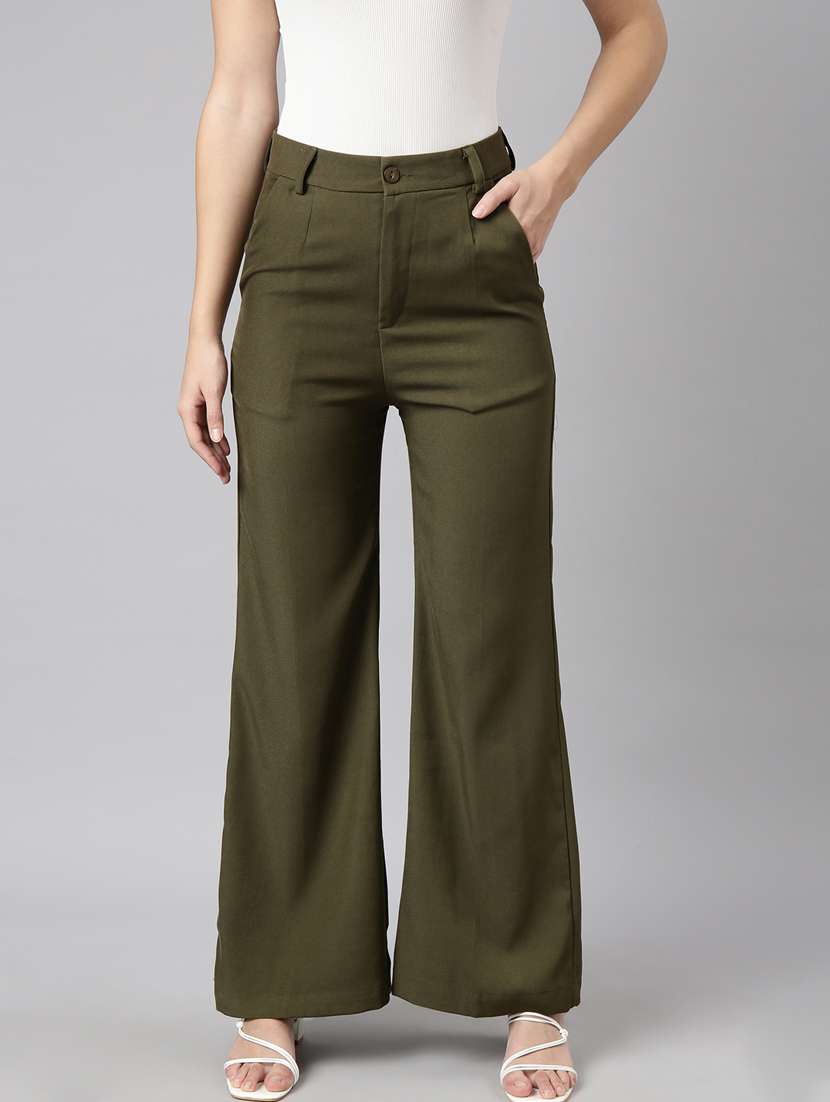 olive cotton blend flat front trousers