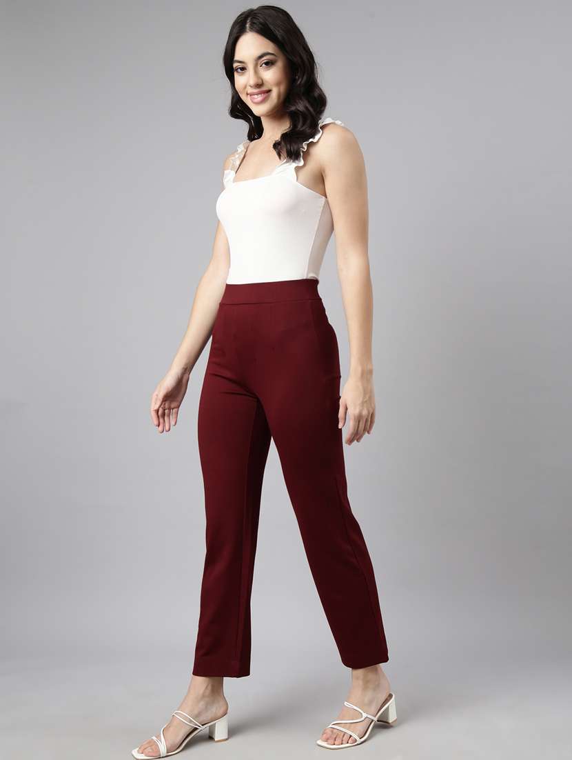 maroon cotton blend flat front trousers - 20929166 - Standard Image - 4