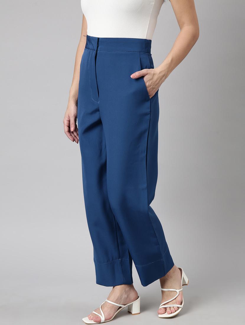 teal cotton blend flat front trousers - 20929169 - Standard Image - 1