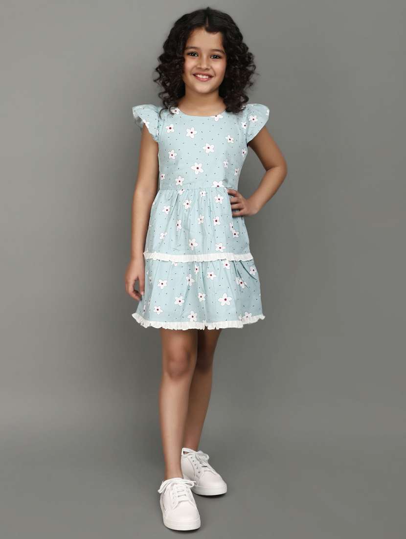 girls light blue round neck printed frock