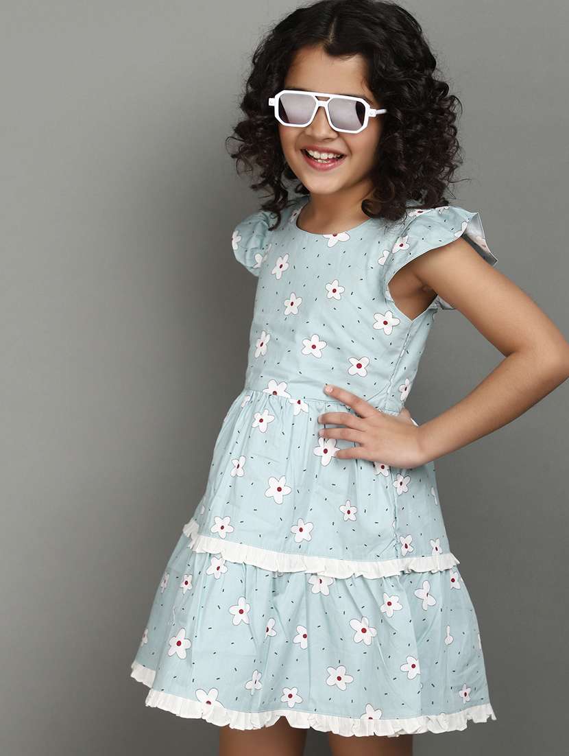 girls light blue round neck printed frock - 20929214 -  Standard Image - 4